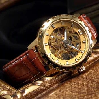 

Mens Watches Top Brand Luxury Gold Tone Gear Case Mechanical Skeleton Steampunk Male Clock Leather Automatic Relogio Masculino