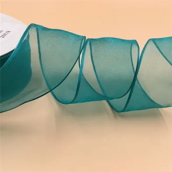 

N2165 38MM X 25yards roll blue sheer organza ribbon gift box packaging wired edge ribbon