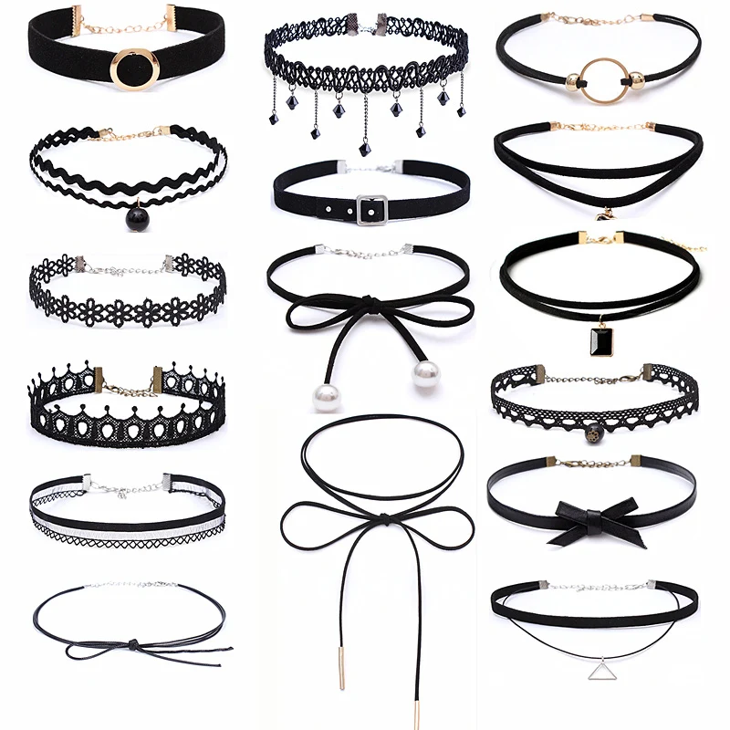 

New Gothic Punk Harajuku Black Velvet Suede Lace Crystal Triangle Circle Choker Necklace For Women Jewelry Multilayers Collier