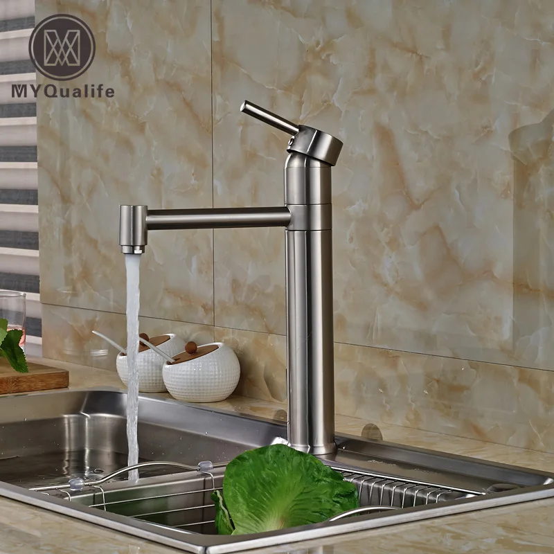 Nickel Brushed Swivel Spout Kitchen Sink Faucet Single Handle Kitchen Mixer Water Taps Deck Mount swivel spout deck mount kitchen spring mixer faucet single handle dual sprayer nozzle water taps chrome finish