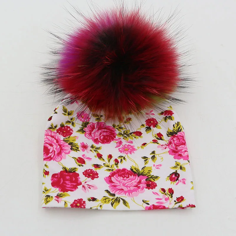 INS/Весенняя Хлопковая шапочка нового дизайна с помпоном из натурального меха енота и лисьего меха для маленьких мальчиков и девочек от 0 до 5 месяцев, Мягкие Шапки - Цвет: pink flower