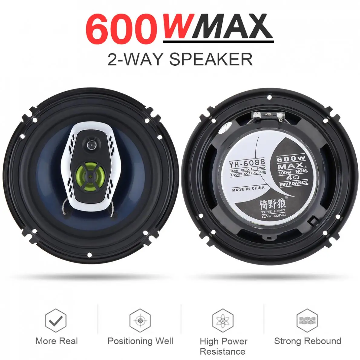 1Pair 6.5 Inch 16cm 600W 2 Way Universal Car Coaxial Hifi Speakers Auto