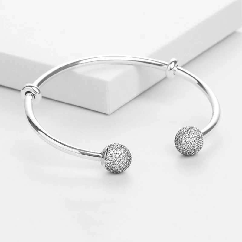 

2017 New Silver bangle European Jewelry MOMENTS Silver Open Bangle with Pave Caps 100% 925 sterling silver DIY making wholesale