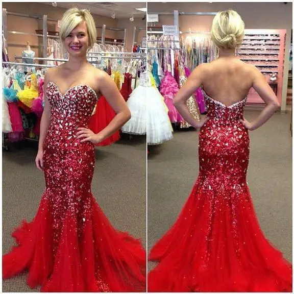 

Sexy Red Sequin Mermaid Prom Dresses Sweetheart Crystal Beaded Sleeveless Backless Floor Length Court Train Long Evening Dresses