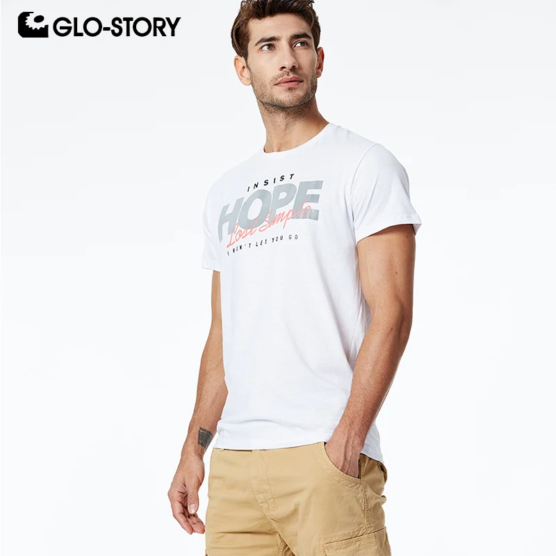 

GLO-STORY 2019 Summer New Men's Letter Print 100% Cotton Short Sleeve T-Shirts Male Casual Tee Shirt Tops Men MPO-8666