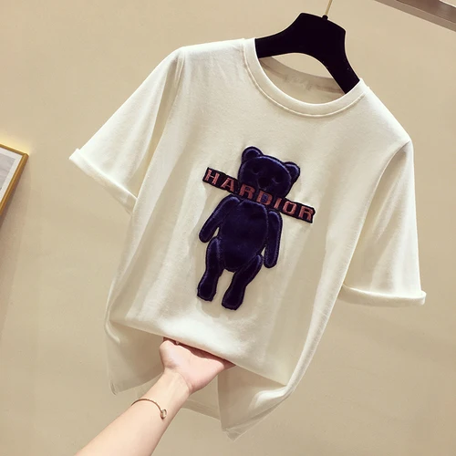 white Женская футболка из хлопка, повседневная трикотажная, с коротким рукавом, с вышивкой, длинная ткань, с круглым вырезом, модная, тонкая - Цвет: white