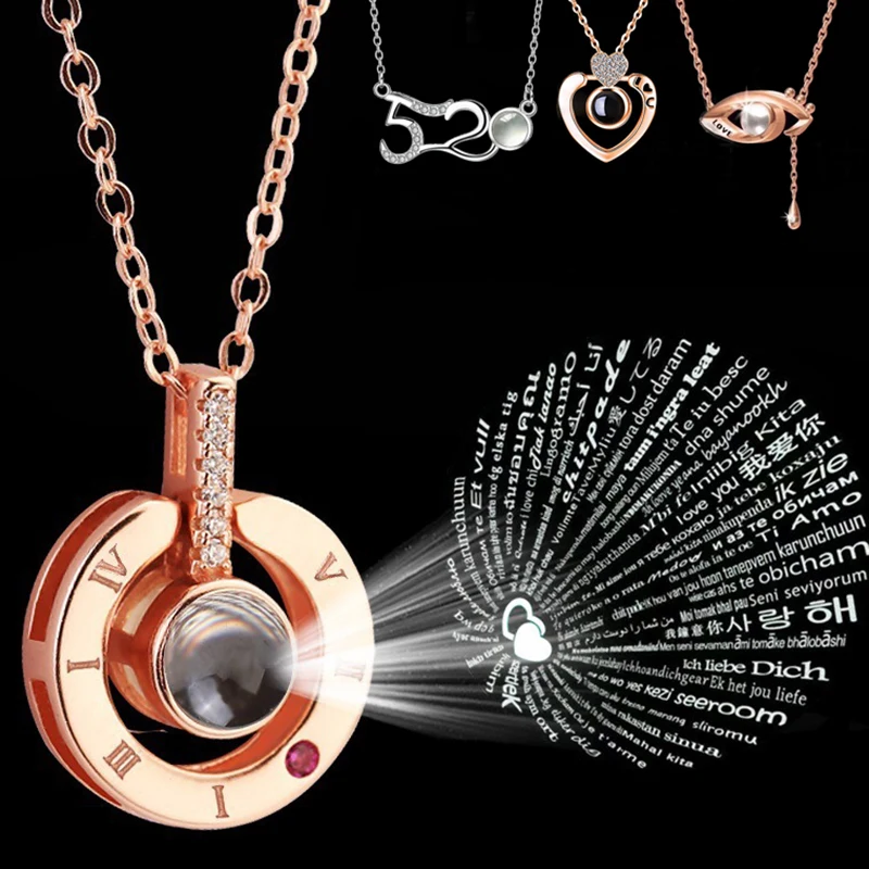 

100 languages I Love You Projection Heart Pendant Necklace Women Love Memory Heart Wedding Necklace 520 Eye High Quality Zircon