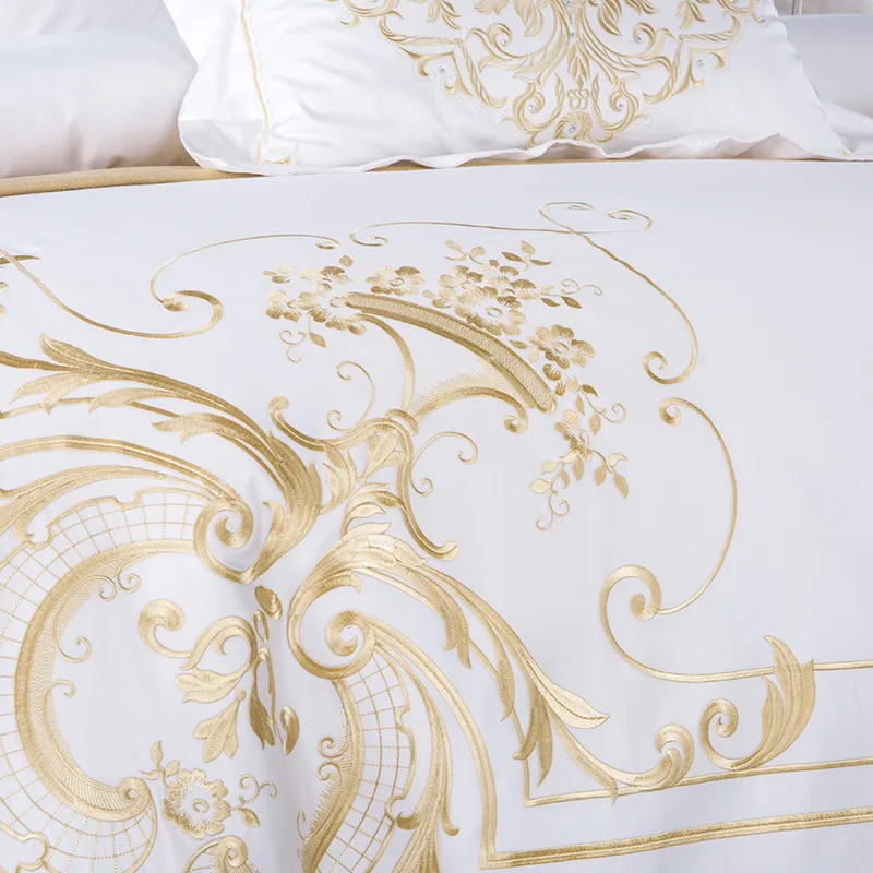 Queen супер комплект постельного белья королевского размера Белый Египетский хлопок Золотой вышивка пододеяльник простыня parrure de lit ropa