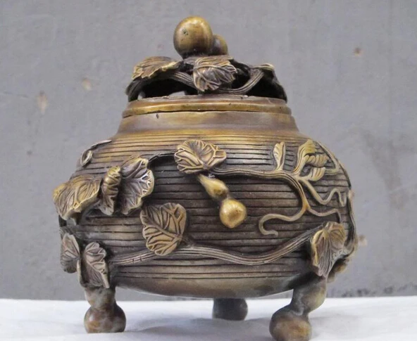 

xd 002870 7.2"China Feng shui Bronze gilt calabash cucurbit Gourd vines statue censer