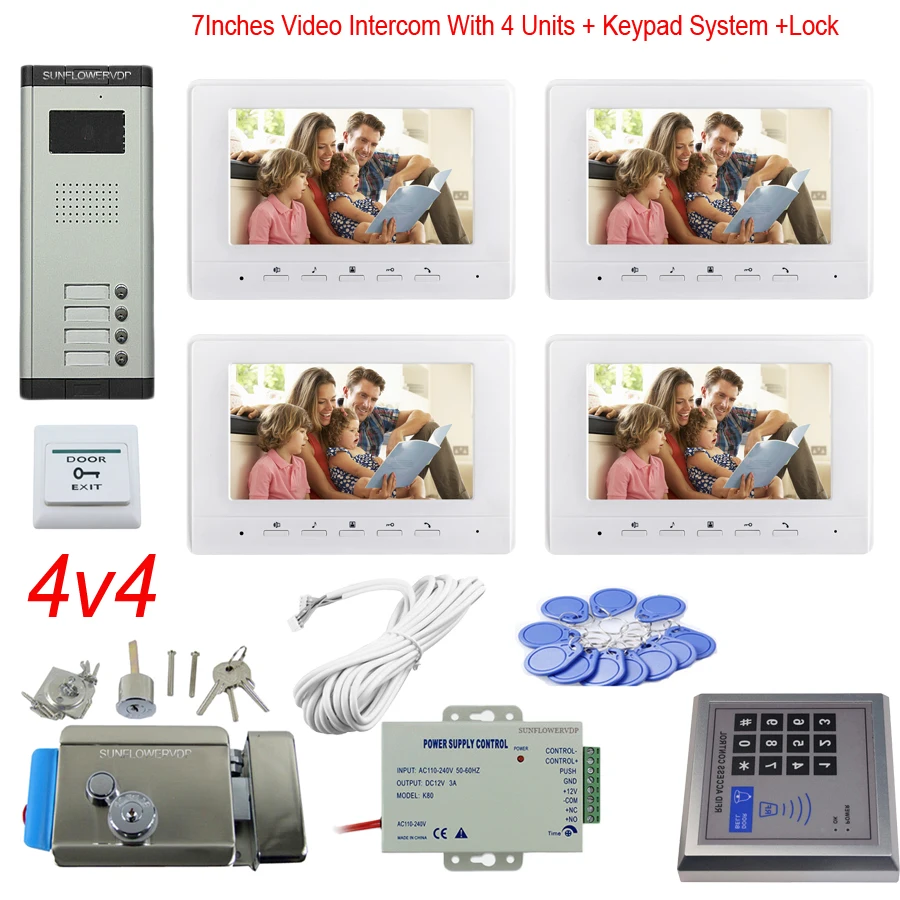 

Access Control Keypad 4 Apartments Video Door Intercom Color 7" Indoor Monitor Video Doorbell System + Electronic Door Lock Unit