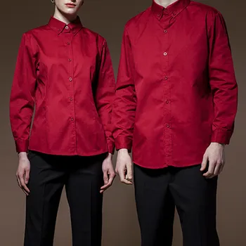 

Poly Cotton Red Long Sleeve Shirt Hotel Restaurant Chef Kitchen Culinary Uniform Barista Bistro Baker Bar Catering Work Wear D79