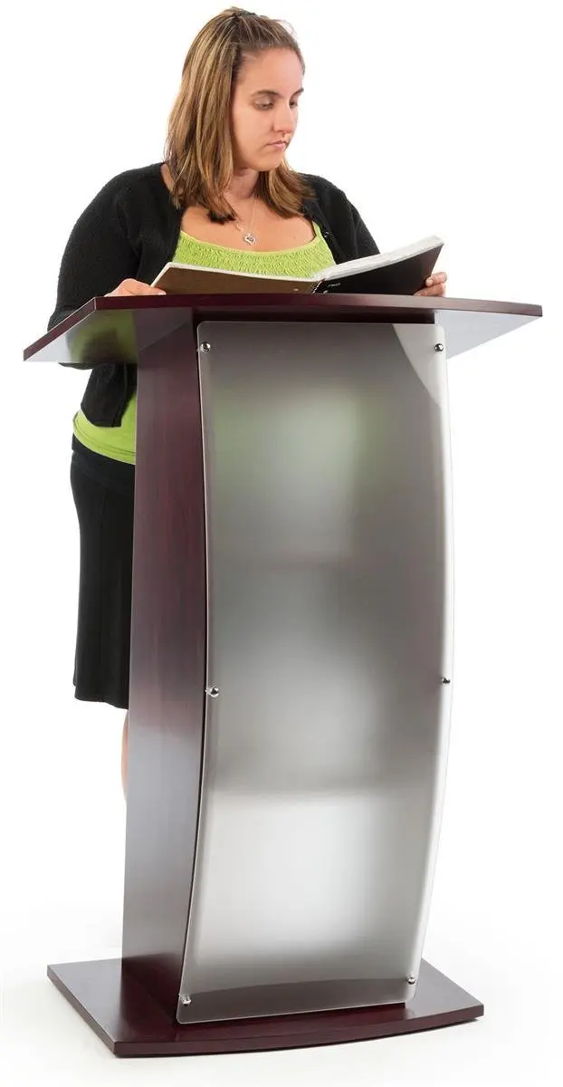 Fixture Displays 44.25" Tall Podium for Floor, Curved Frosted Front Acrylic Panel-Red Mahogany plexiglass