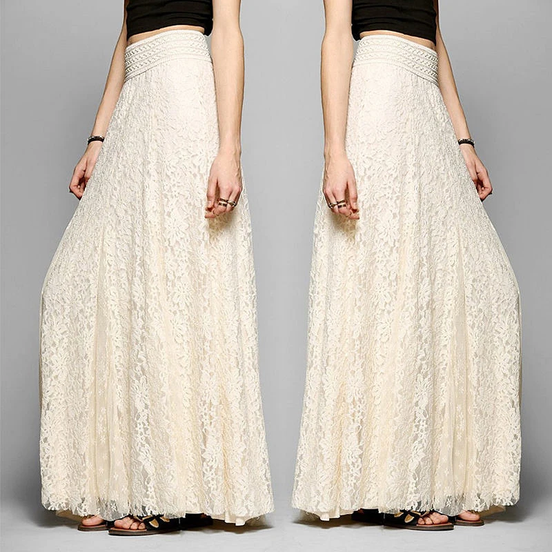 Женская длинная шифоновая юбка с высокой талией, Женская кружевная юбка, белая Длинная летняя юбка макси в стиле бохо, Saia Longa Faldas