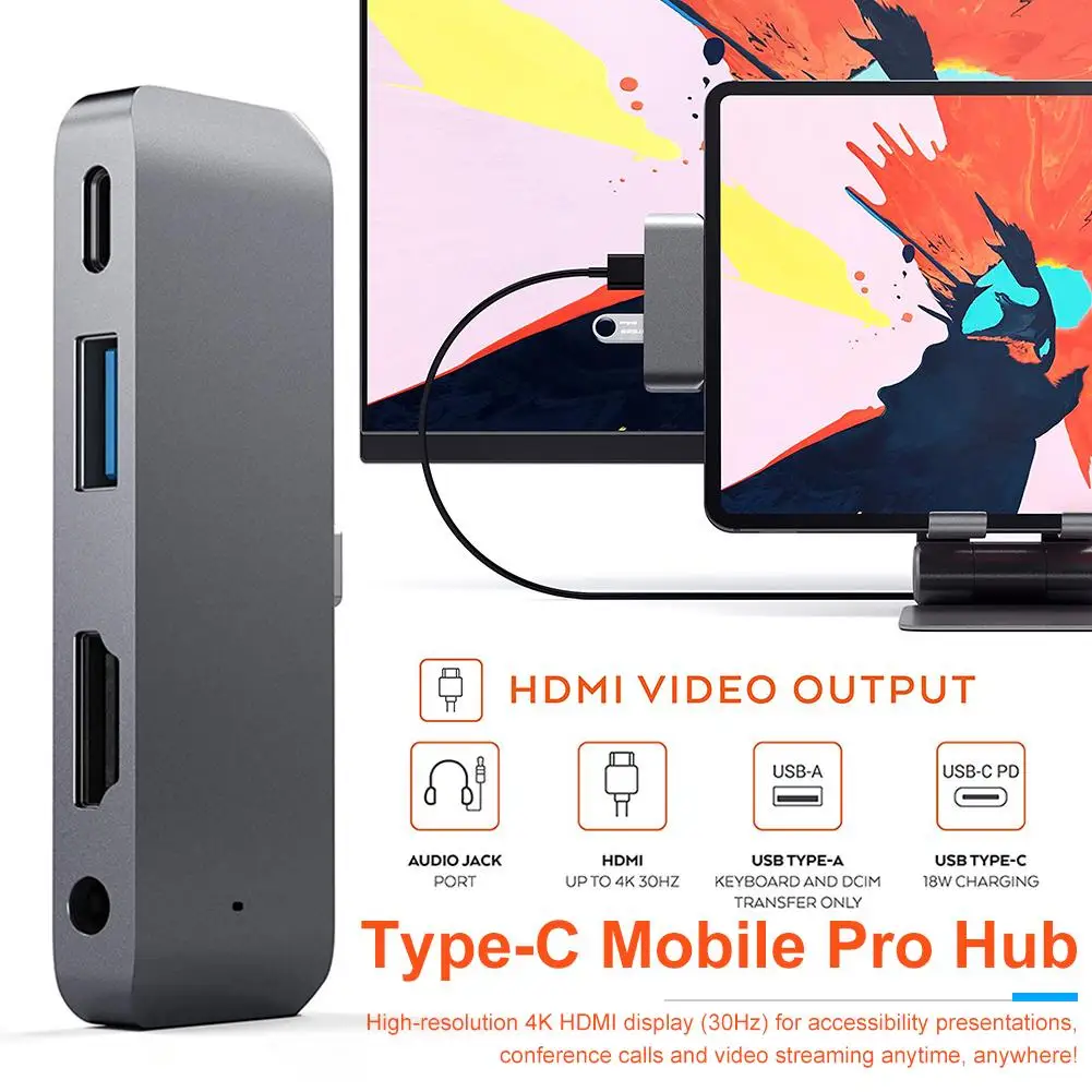 Алюминиевый type-C мобильный Pro концентратор адаптер с USB-C PD Зарядка 4K HDMI USB 3,0 3,5 мм разъем для наушников для iPad Pro