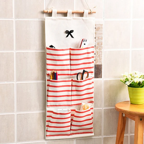 Мульти-карманы полосатый настенный льняной хлопчатобумажный мешок для хранения ванная комната Сумка на багажник может CSV - Цвет: Red 6 Pockets