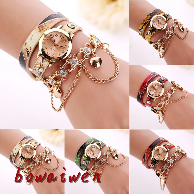 

bowaiwen Woman Watches #0064 Fashion Dress Watches Ladies Leather Rhinestone Rivet Chain Quartz Bracelet Wristwatch Wholesale