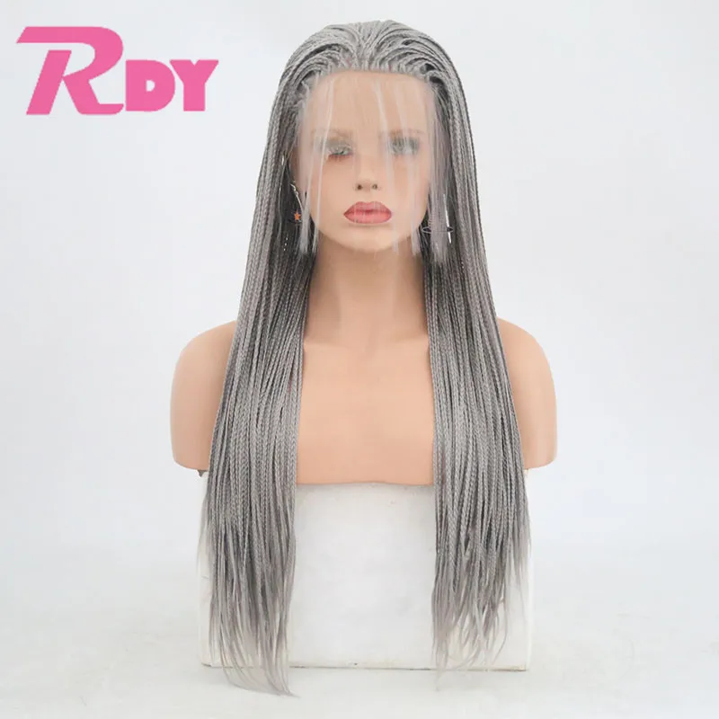 

Rongduoyi Long Gray Box Braid Wigs Heat Resisant Synthetic Braided Lace Front Wig For Women With Baby Hair Front