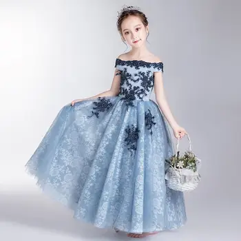 

New Kids Girl Elegant Lace Wedding Party Dress Children First Communion Formal Prom Gown Teen Girl Bead Mesh Princess Dress Q483