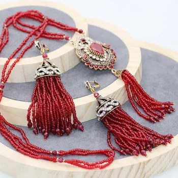 

African Bridal Wedding Beads Jewelry Sets Natural Stones Antique Dangle Earrings Long Tassels Pendant Necklace Dubai