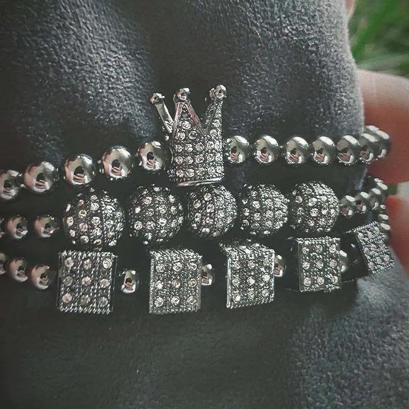 

3Pcs/Set Black Color 8MM Cubic Micro Pave CZ Ball Crown Dice Charm Braiding Man Women Luxury Bracelet Jewelry Pulseira Bileklik