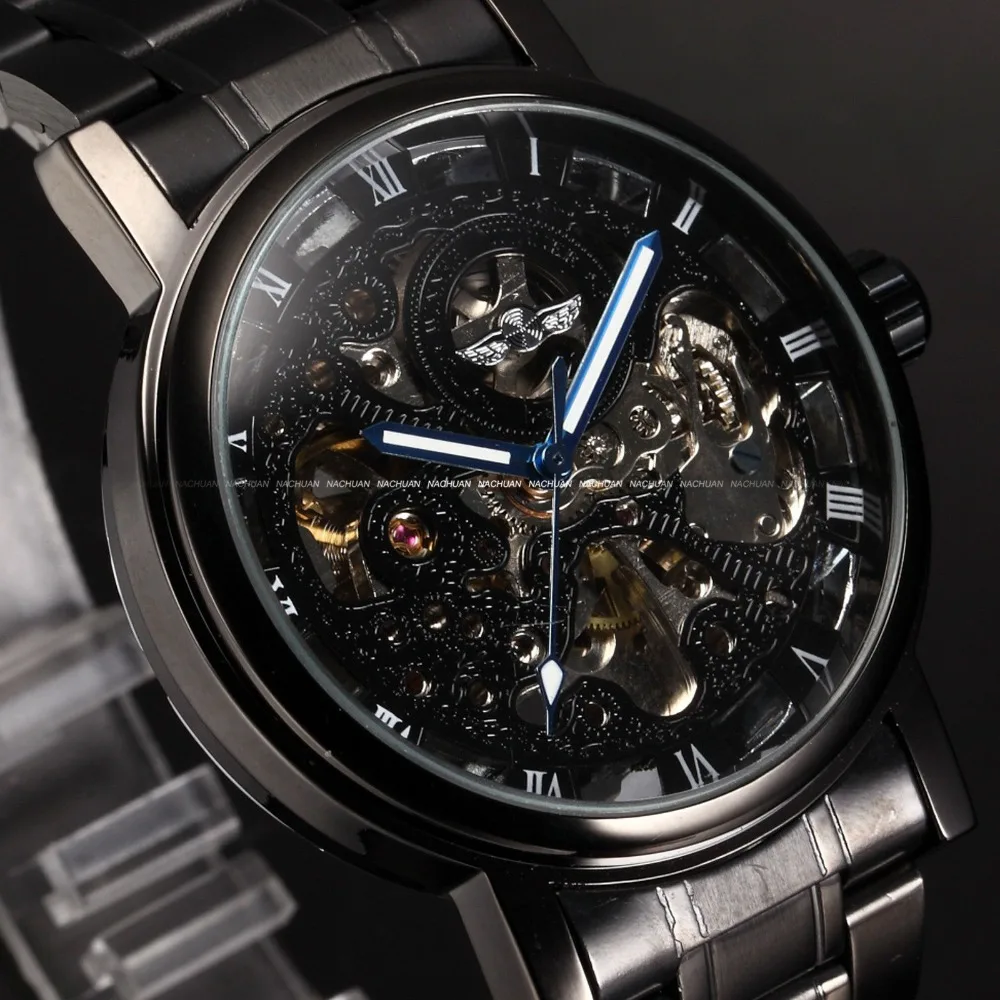 Winner Skeleton Black Stainless Steel Blue Hands Luminous Mens Watches Top Brand Luxury Watch Men Montre Homme Automatic Watches
