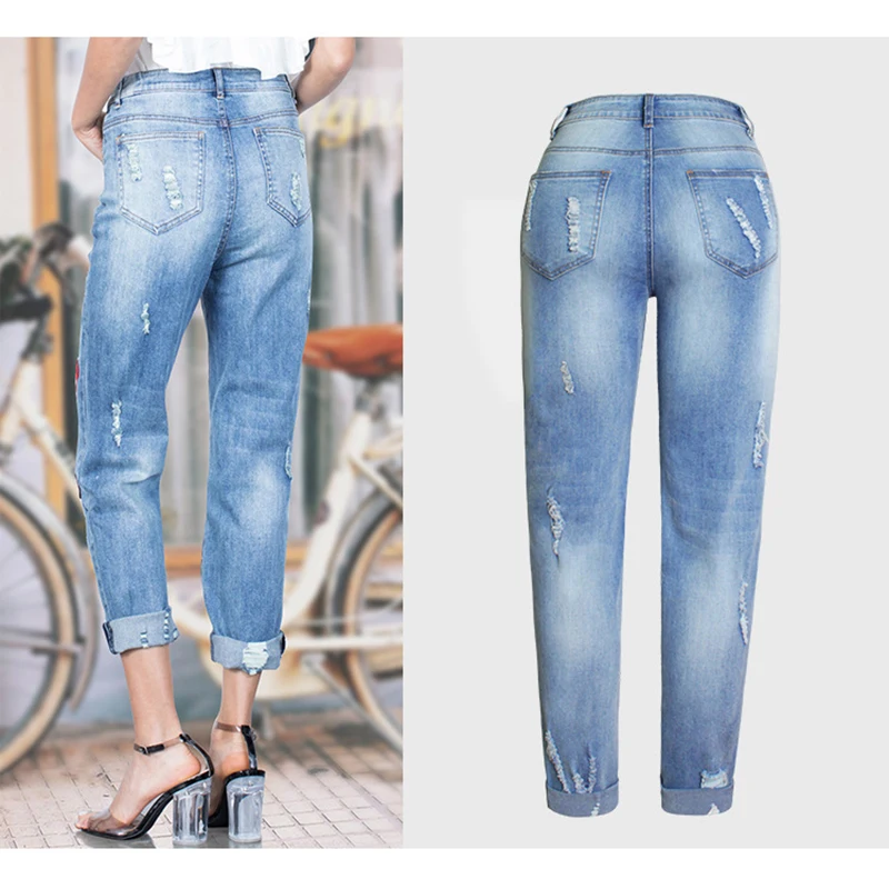 2017 Hot Vogue Jeans Women Stretch Loose Denim Pants Floral 3D Embroidery Bleach Ripped Pants Female Elastic Denim Jeans Pants