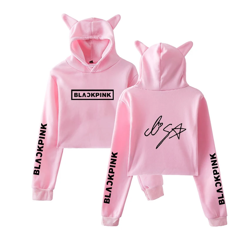 

New Kpop Blackpink Harajuku Cat Ear Cap Top Hoodies Fashion Kawaii Trend Sala Cat Crop Top Women Hoodies Sweatshirt Pullovers