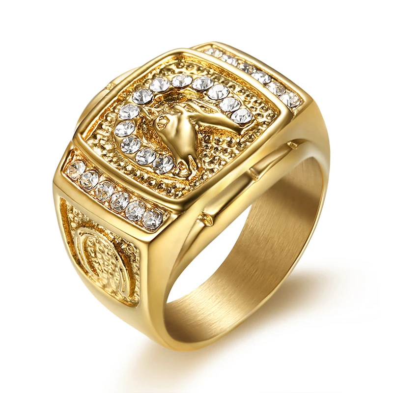 HIP Hop Bling Iced Out caballo de acero inoxidable para hombres joyería tamaño 7 15|Anillos| -
