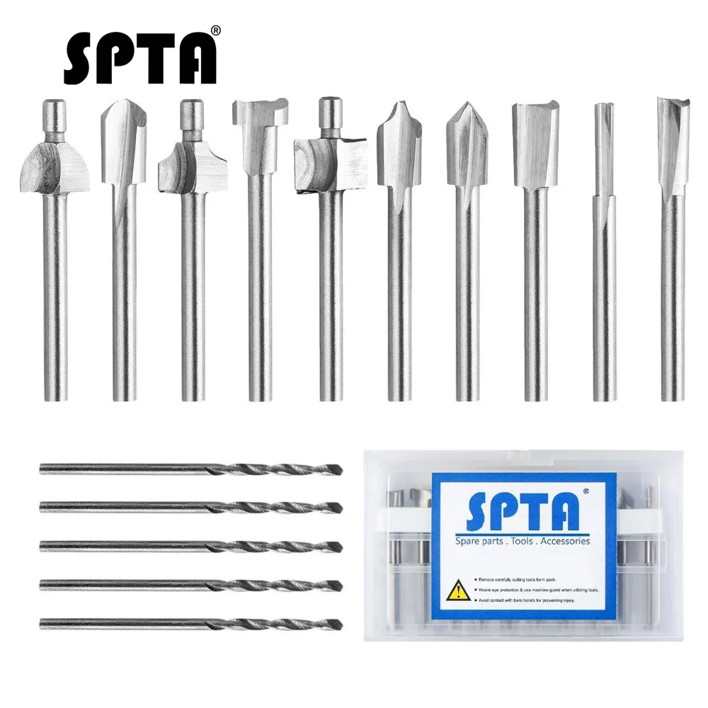 SPTA 10Pcs HSS Routing Carbide Engraving Bits & 5Pcs Drill Bit-1/8\