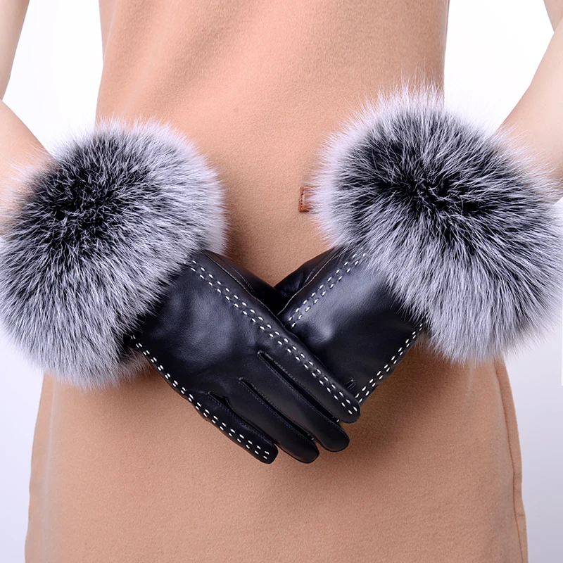 Кожаные перчатки женские зимние корейские милые лисий мех теплые вождения плюс бархатные толстые сенсорные перчатки из овчины женские