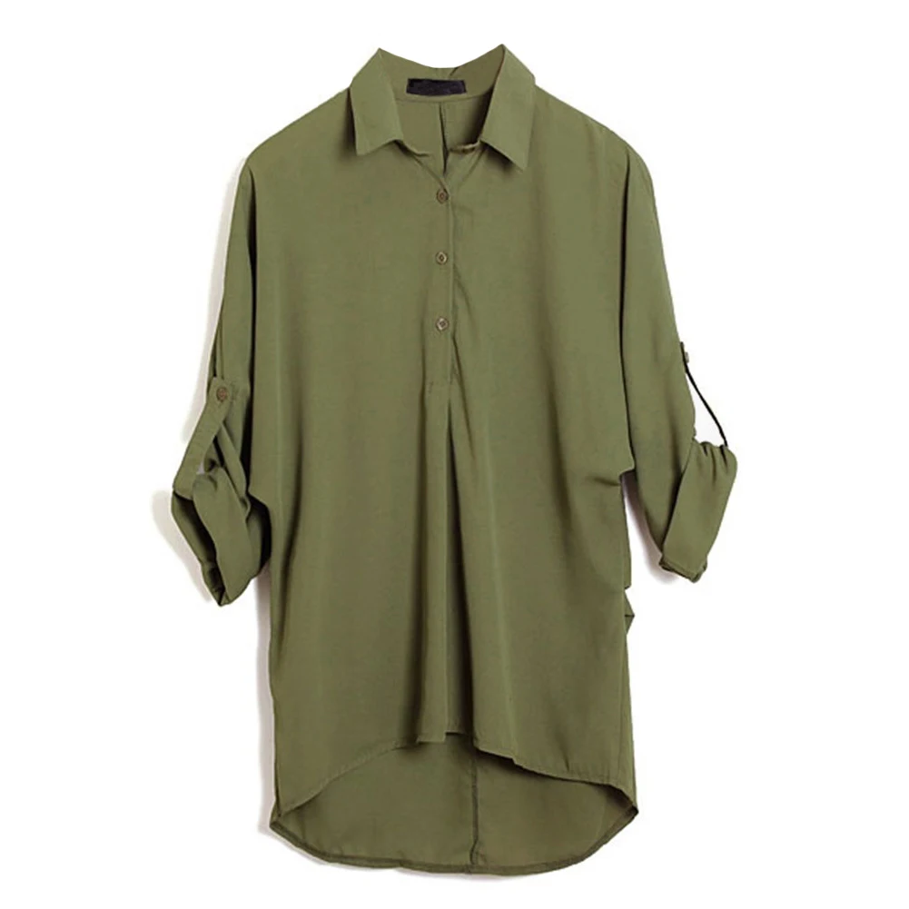 

2019 Summer Women Chiffon Shirt Long Sleeve Turn-down Collar Plus Size Blouse Asymmetric Casual Loose Tops Black/Green/White 5XL