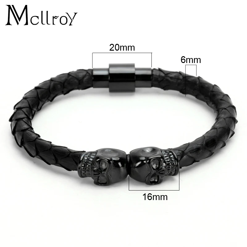 Beste Mcllroy2017 Nieuwe 6 Mm Real Snake Skin Man Armband Titanium Staal Bangle Lederen Zwarte Schedel Armband Voor Vrouwen Lovers Gift