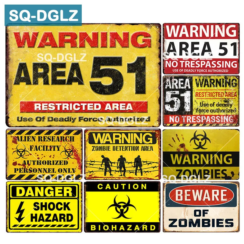 

[SQ-DGLZ] Warning Area 51 Metal Tin Sign WARNING OF ZOMBIES Plaque Paint Wall Decor DANGER Painting Plaques