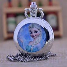Новое поступление Снежная королева принцесса Эльза черный/бронзовый/Серебряный стеклянный купол дизайн кварцевые карманные часы ожерелье для мужчин и женщин подарок для детей