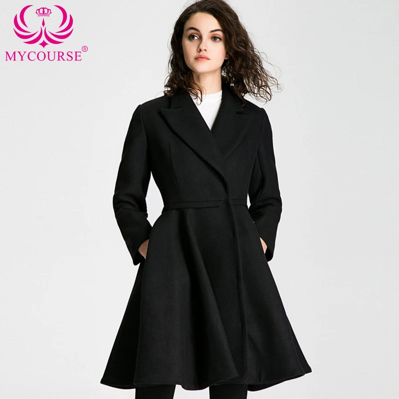 MYCOURSE Winterjas Vrouwen Elegante Vintage Wollen Jassen Maxi Jurk Wollen Jas Lange Jas Vrouwelijke Parka Slim Rok Swing Jassen