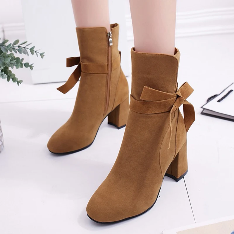 

High Heels Women Ankle Boots Autumn Female Bowtie Thick Heel Shoes For Woman 2018 New Casual Footwear Fashion Flock Short Botas