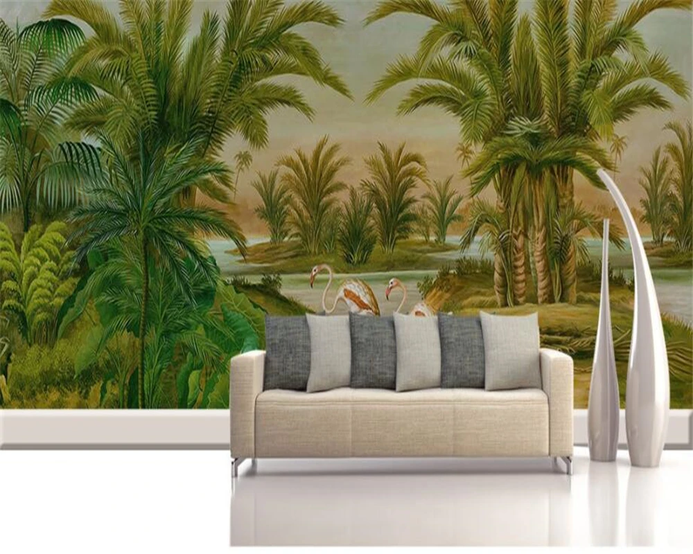 

Beibehang wall paper Vintage European hand drawn tropical plants nostalgic retro living room TV wall background 3D wallpaper