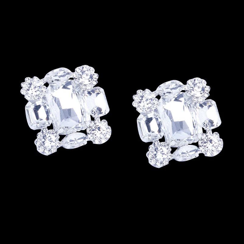 StoneFans New Square Clip Earrings no Hole Wedding Jewelry Women Large Clear Crystal Rhinestone Clip on Earrings Ear Women