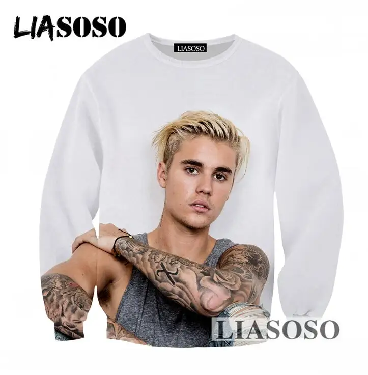LIASOSO Newest Round Neck Long Sleeves Sweatshirt Men Women 3D Print Pullovers Singer Justin Bieber Tracksuit Clothing T747