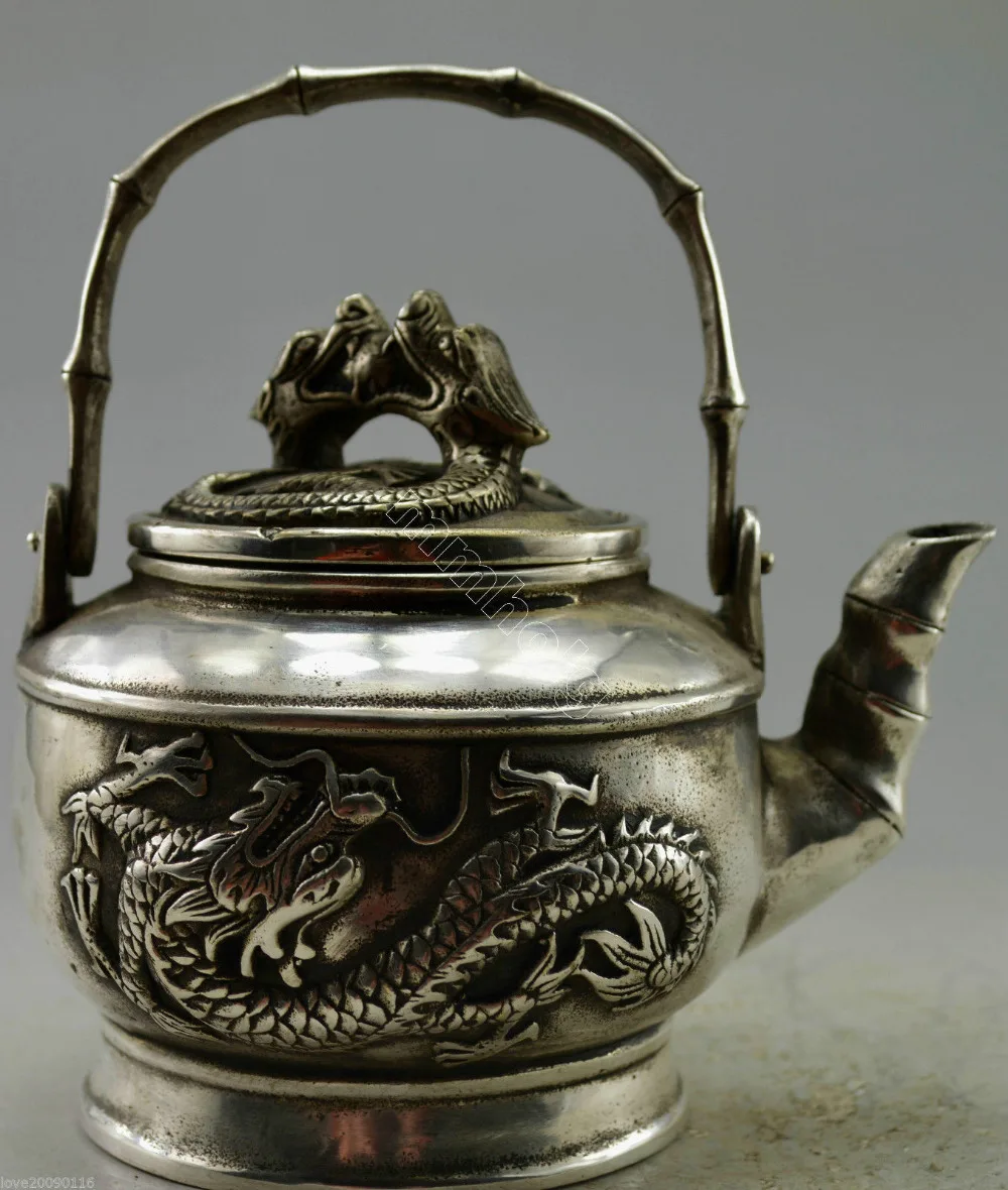 132mm Collectible Decor Old Handwork Miao Silver Carved Dragon Bamboo TeaPot 