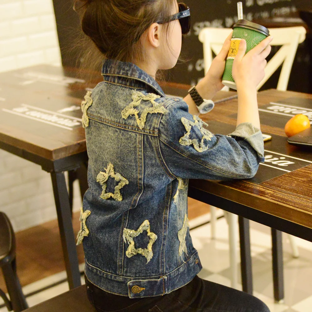 2016 spring autumn female child denim outerwear water wash denim thin coat fashion make old star