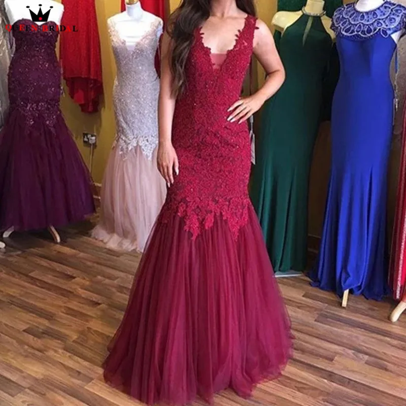 Custom Made Wine Red Mermaid V-neck Tulle Lace Beading Appliques Sexy Vintage Evening Dresses 2019 Party Gowns Dress ER15 Custom Made Wine Red Mermaid V-neck Tulle Lace Beading Appliques Sexy Vintage Evening Dresses 2019 Party Gowns Dress ER15