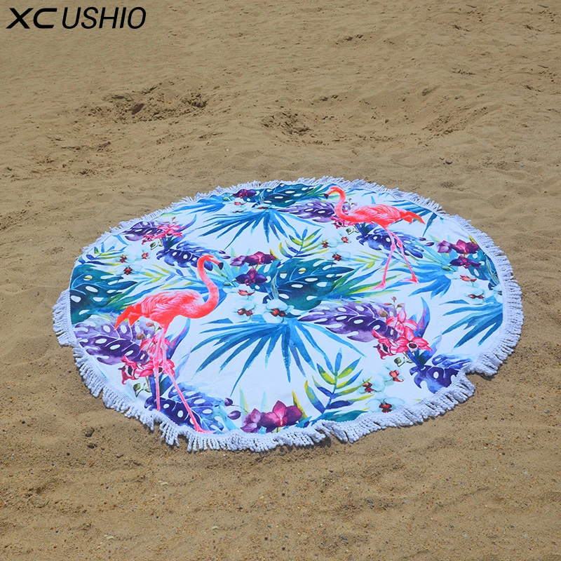 

XC USHIO Microfiber 150cm Round Flamingo Beach Towel With Tassel 650g Wall Tapestry Beach Cover Up Picnic Blanket Bedspread