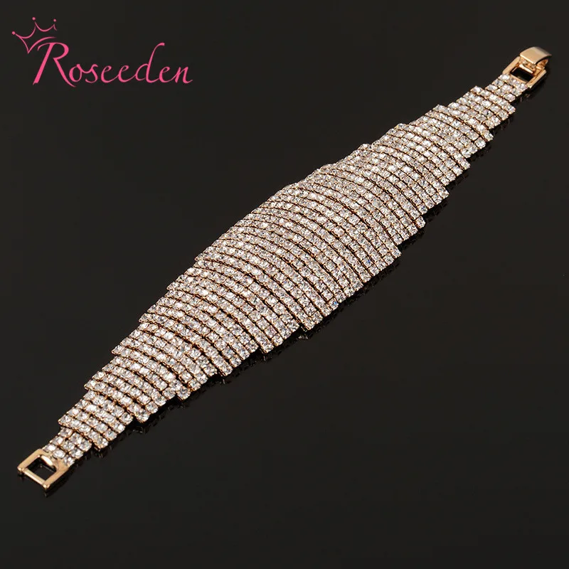 

New arrival Wide Rhinestone Bracelet Chain Inlay Gold Bridal Bracelets Bangles Wedding Jewelry RE742