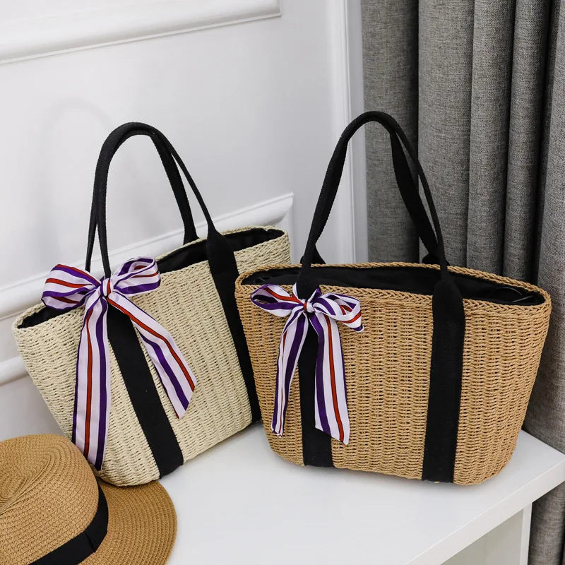 

Female Straw Beach Bag Tote Bags For Women 2019 Summer Wicker Designer Handbags Ladies Scarf Bow Rattan Shoulder Bag Sac A