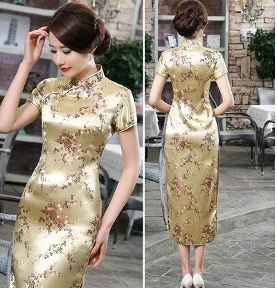 Церемониальные платья Cheongsam длинная консультация клиентская служба двери отеля Добро пожаловать работа Восточный одежда церемониальный халат Longue Femme - Цвет: Golden Plum Blossom