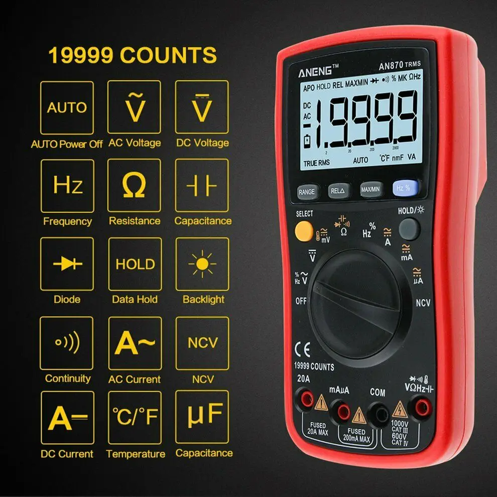 AN870 Профессиональный цифровой мультиметр 19999 отсчетов True RMS NCV Конденсатор Транзистор измеритель напряжения тестер с температурным зондом