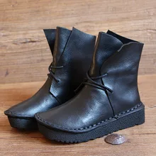 Original handmade leather strap thick with short boots women’s shoes ankle boots wedges platform shoes lace black boots
