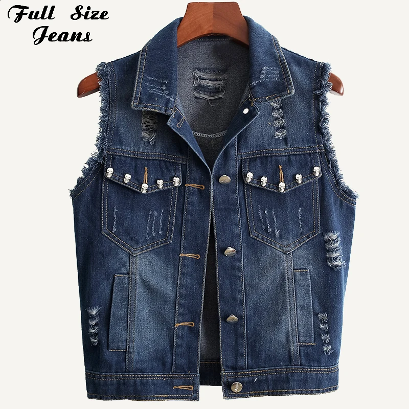 

Summer Plus Size Studded Frayed Women'S Denim Vest Sleeveless Tops 4Xl 5Xl Women'S Jackets Female Outerwear Streetwear Jeans