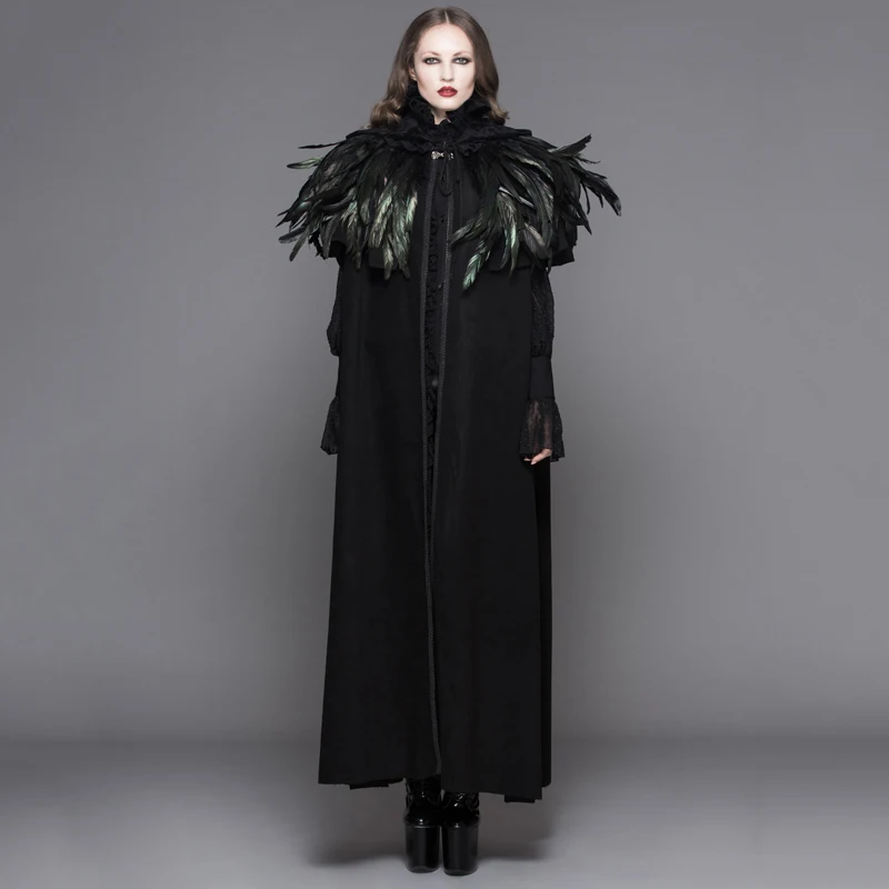 Ďábelská móda Steampunk ženy s dlouhým pláštěm Gotický tmavý sametový kabát s kapucí s péřovým šátkem Halloween Loose Capes